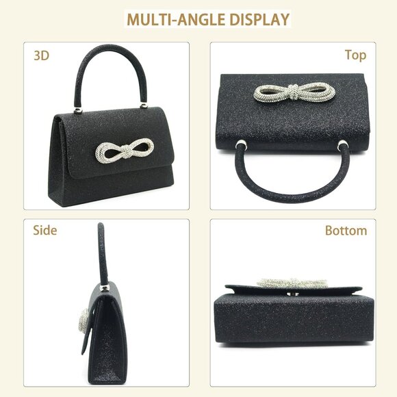 Women Evening Clutch Purse Glitter Rhinestone Bow Compact Party Bag - Picture 6 of 7